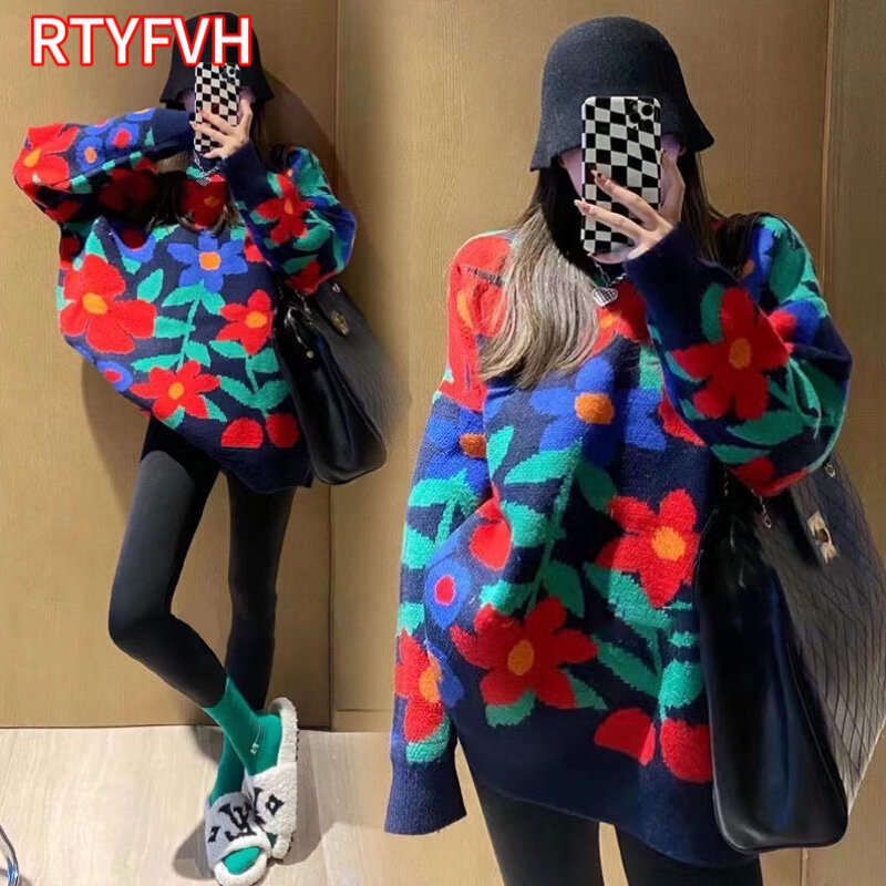 2024 koreanische Mode neue große Blume Stickerei Pullover Frauen o Hals lose gestrickte Pullover übergroße Pullover Femme y2k Pullover