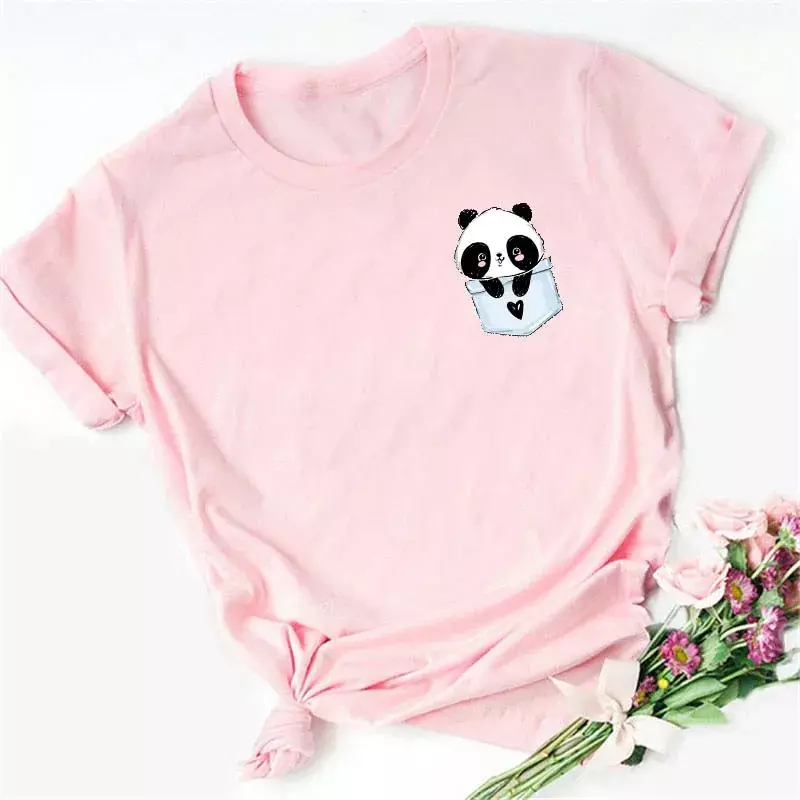 Летняя женская футболка, свободные топы, милая панда, сердечки, принт, короткий рукав, женская Свободная Повседневная футболка, женский топ, футболка