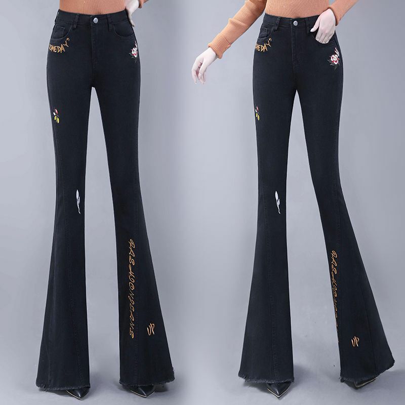 Модные корейские женские Простые повседневные расклешенные джинсы весна-осень Новинка черные офисные женские повседневные Прямые брюки с вышивкой и надписью