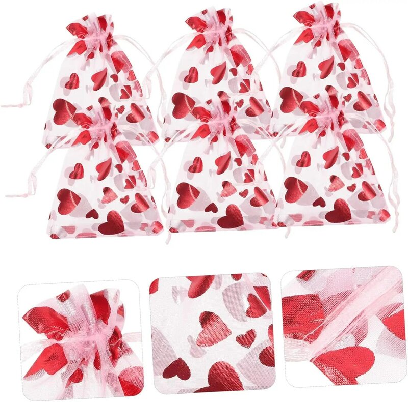 10 Stuks Hartdruk Trekkoord Organza Tassen Sieraden Verpakking Tassen Valentijnsdag Huwelijksfeest Geschenken Zakjes