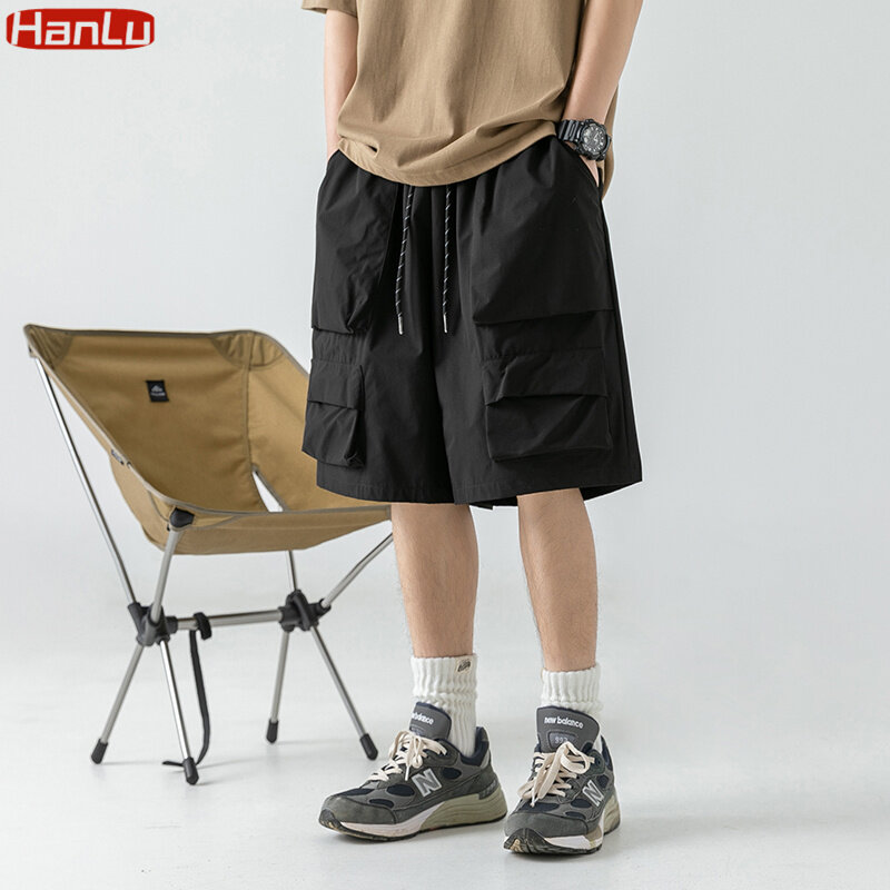 2023 letni nowe japońskie styl duży rozmiar kieszeń szorty Cargo mężczyzn luźne spodnie do kolan hiphopowy sweter męskie krótkie spodnie