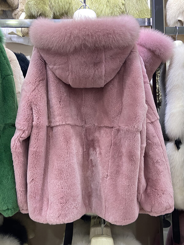 Abrigo de piel de conejo Rex con capucha para mujer, prenda de vestir de gran tamaño con cuello de piel de zorro Real, suave y grueso, para invierno, gran oferta