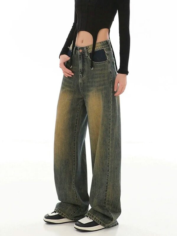 กางเกงยีนส์ขาบานเอวสูงขากว้างเอวสูงสำหรับผู้หญิงสีฟ้า Y2K กางเกงยีนส์แนวสตรีทแวร์แนวแฟชั่นสวยงาม