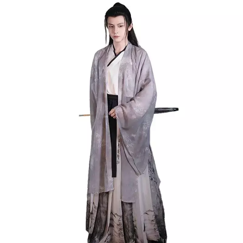 Duży rozmiar 2XL Hanfu męskie chińskie tradycyjne drukowane Hanfu męskie karnawał Cosplay Halloween kostium szara koszula Hanfu + spódnica + płaszcz