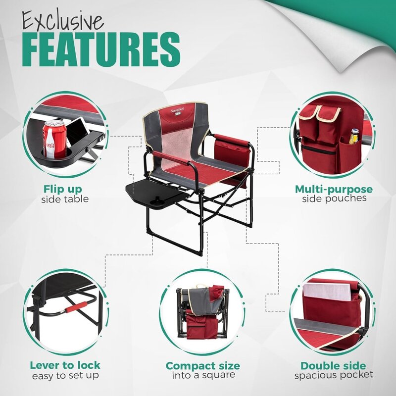Cadeiras dobráveis portáteis com mesa lateral Cadeira de acampamento, resistente, extragrande, bolso para praia, cadeira de acampamento dobrável