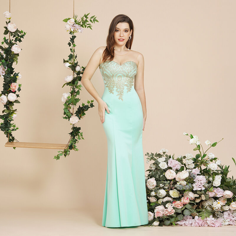 BABYONLINE Gaun Pengiring Pengantin Hijau Mint Gaun Putri Duyung Panjang Selantai Maxi Aplikasi Emas Elegan Ilusi Musim Panas