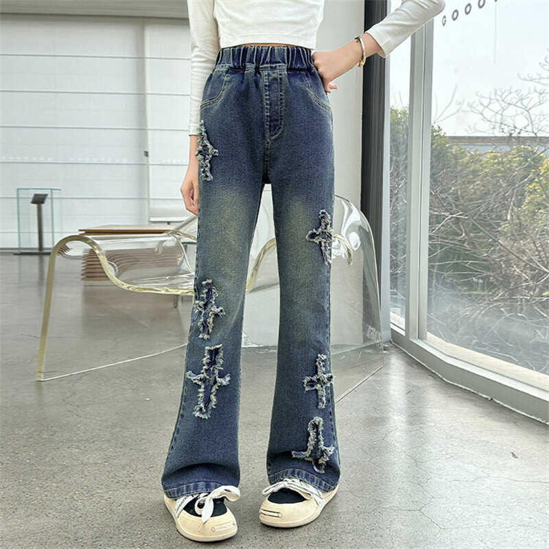 Girls' bell-bottoms 2024 new medium children Korean jeans Spring and autumn 6-15 years old youth