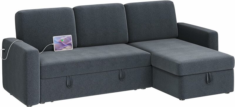 Narożnik kanapa w kształcie litery L z szezlongiem i USB, odwracalna kanapa z rozkładanym łóżkiem i przestrzeń magazynowa, 4 tkanina na siedzenie