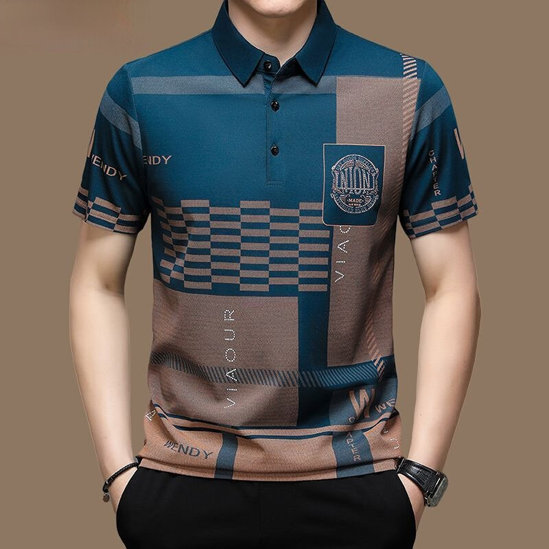 Summer Men's Polo Shirt Business Casual Short Sleeves Tops Pattern Print Button T Shirt Loose Clothing Fashion Polo T Shirt