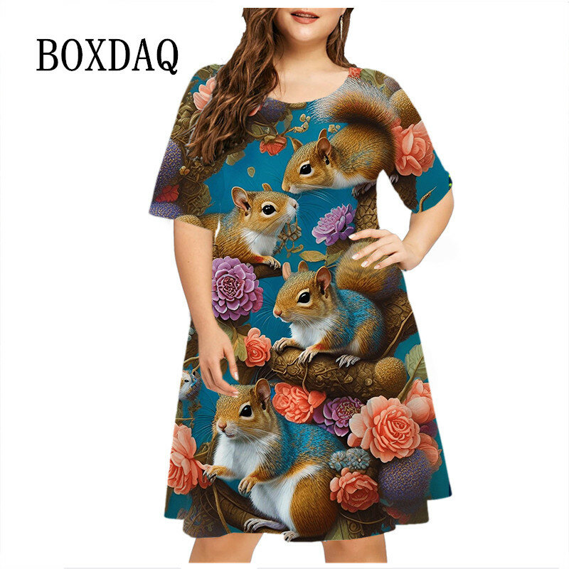 Animal Funny Mouse Floral Print Dresses For Women 2023 Summer Plus Size Dresses Casual Fashion Short Sleeve Loose Large Sundress