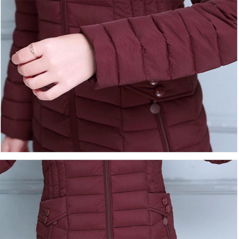 Chaqueta de plumón de algodón para mujer, abrigo medio largo, Delgado, ligero con gorro, novedad de invierno, 2023