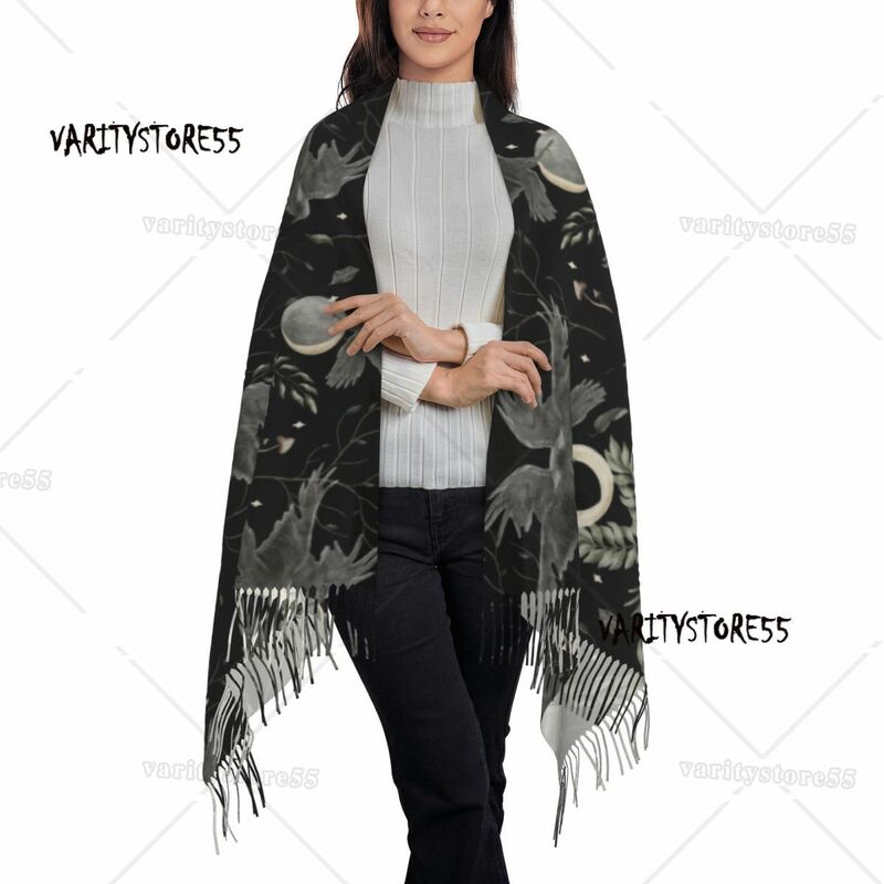 Bufanda de luna de cuervo para mujer, chal largo con borla cálida, bufandas de bruja escalofriante, invierno y otoño, Unisex