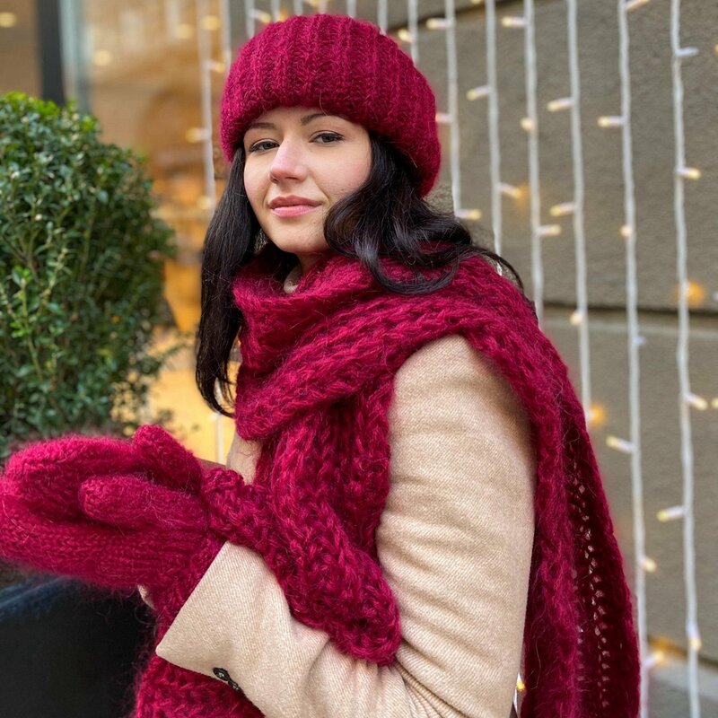 ชุดถุงมือผ้าพันคอหมวกถักสำหรับผู้หญิง, ชุดนุ่มอบอุ่นฤดูหนาวสีทึบเครื่องประดับแฟชั่นสำหรับสภาพอากาศหนาวเย็น