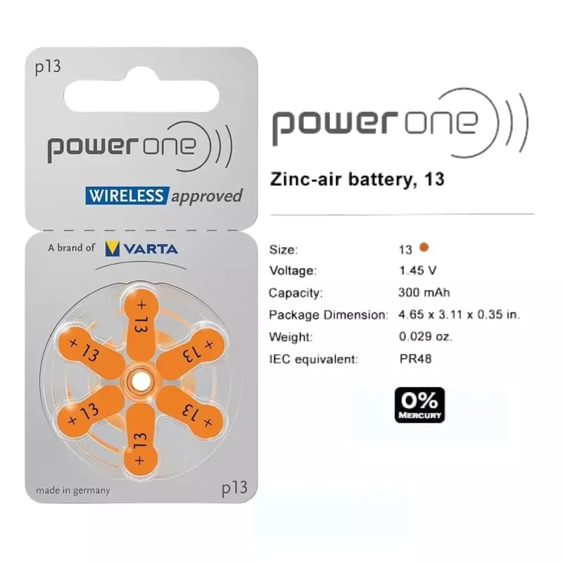 Batterie pour prothèses auditives, Zinc Air, PowerOne P13, 13A, 13, a13, 1.45V, 24.com, 10 cartes, 60 pièces