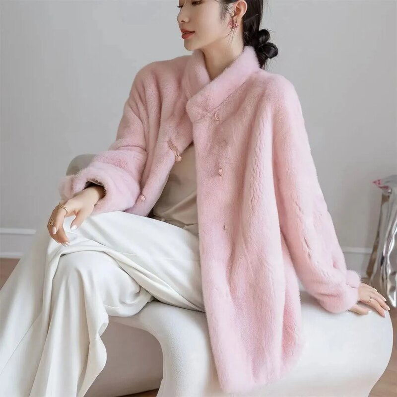 Jaket bulu merah muda putih wanita, jaket musim gugur musim dingin gaya Tiongkok, jaket bulu sintetis panjang kerah berdiri lembut nyaman