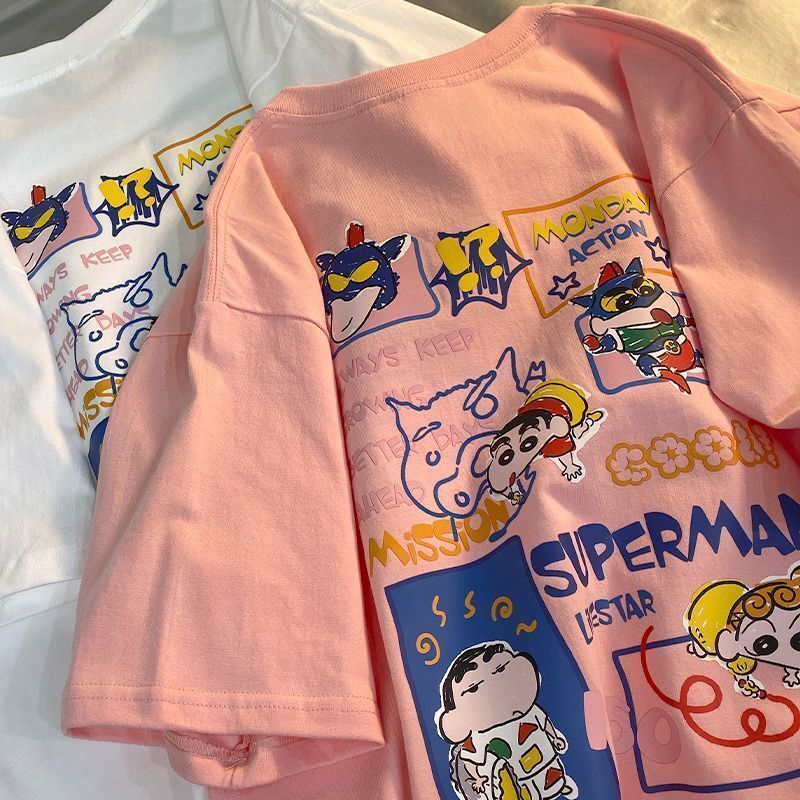 Camiseta Kawaii de dibujos animados de crayón Shin Chan, camiseta informal de manga corta, holgada, estilo de pareja, Top estampado de dibujos animados de Anime, regalo para niña