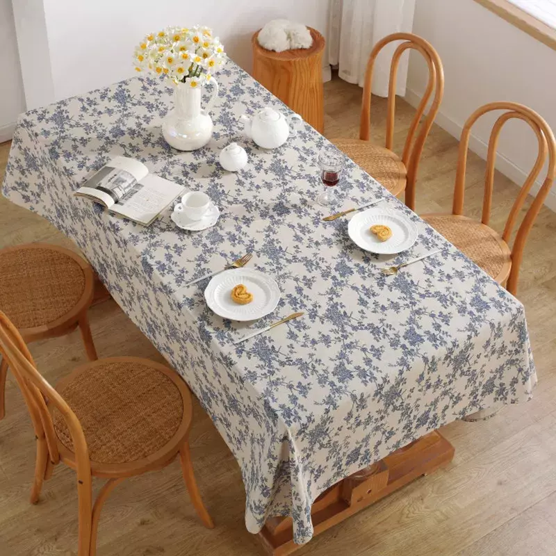 Nappes rectangulaires florales vintage, fleur bleue, grill de table, housses de table lavables pour cuisine, salon, décorations anti-poussière