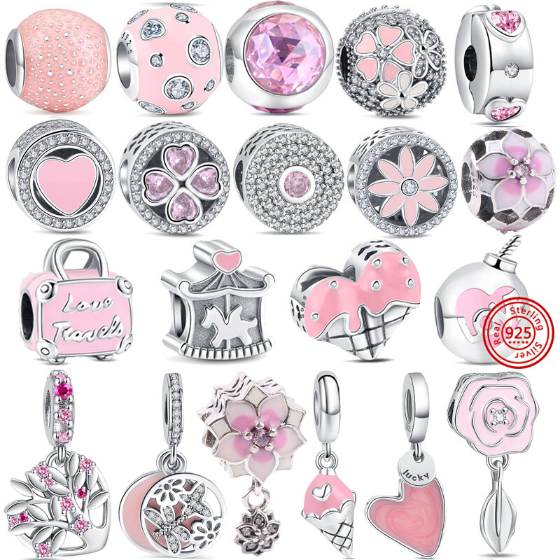 925 Sterling Silver Amulet Pink Suitcase Charm Flower Heart Pendant Bead Fit Original Pandora Bracelet DIYJewelry For Women Gift