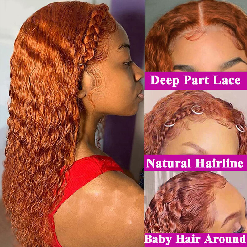 Peluca Frontal de encaje naranja jengibre, cabello humano rizado, onda profunda, 13x4, 13x6, HD, brasileño
