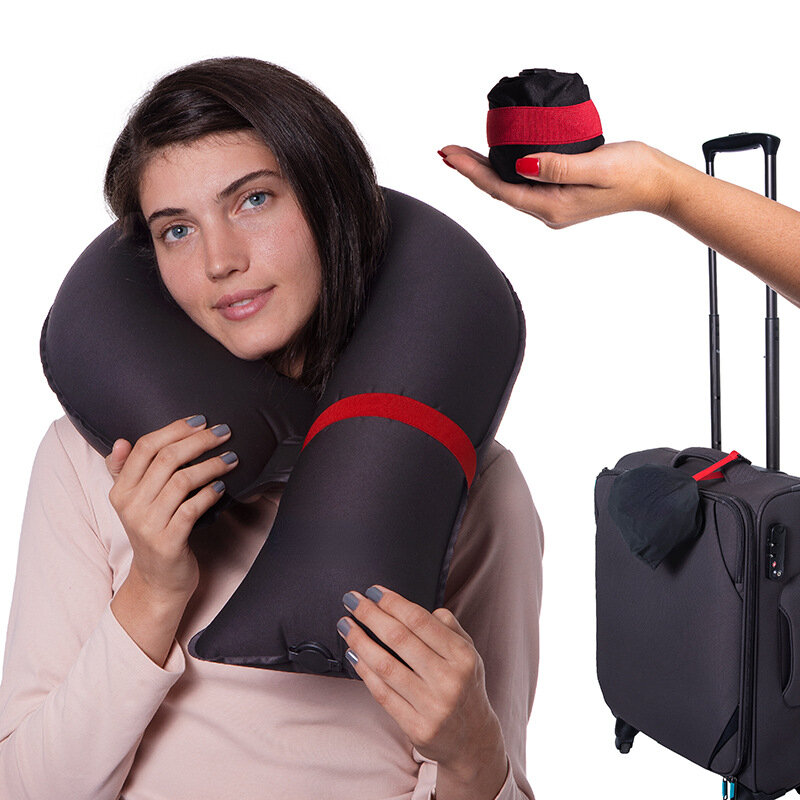 CandyCaneNew U-shaped Neck Inflatable Pillow Travel Neck And Chin Support For Airplanes, Car And Home, Carrying Bag, Hand Wash