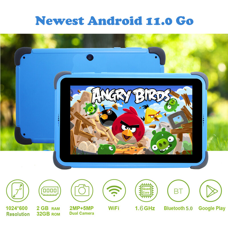 Синий 7 дюймов HD IPS Детские планшеты Android 11 WIFI Quad Core 2GB 32GB 3000mAh G-сенсор Обучающие планшеты для детей с приложением для детей D+ 2024 подарок