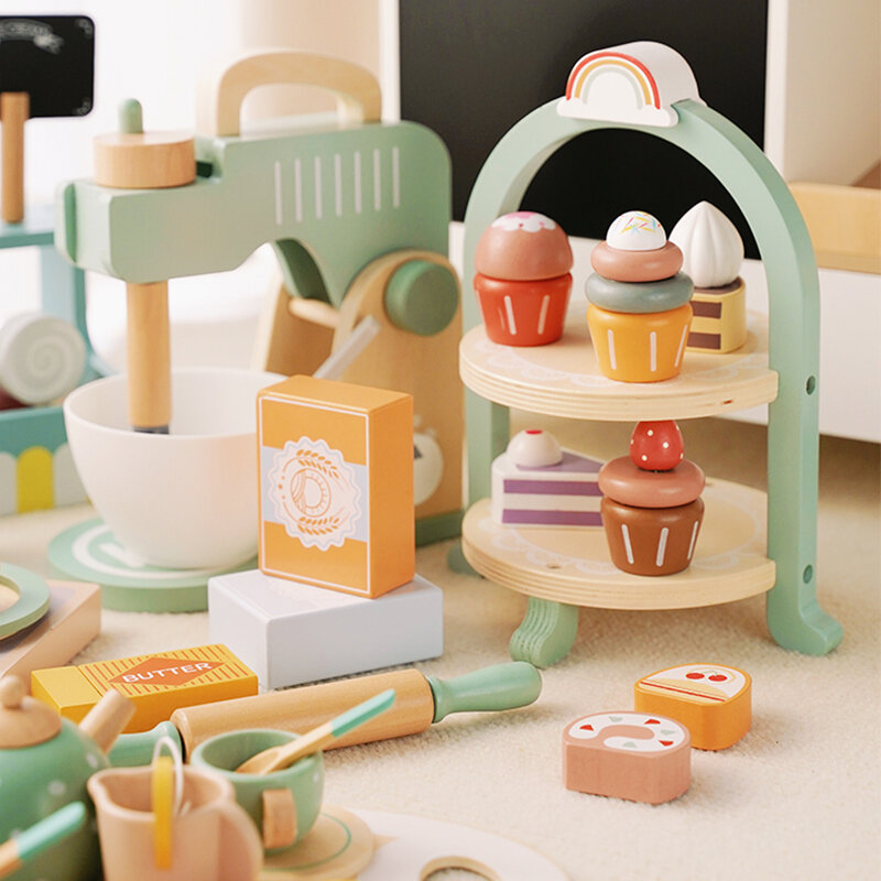 Set mainan dapur untuk anak-anak, Set mainan kayu pembuat kopi kue es krim teh waktu bermain peran balita