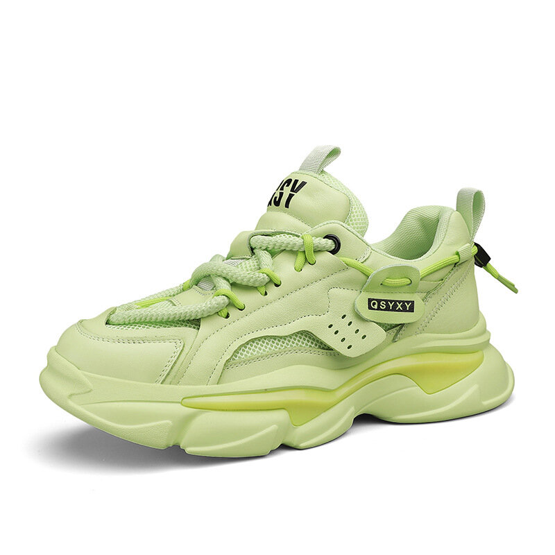 Męskie zielone modne siateczkowe sznurowane oddychające obuwie sportowe na co dzień, zwiększone miękkie podeszwy zewnętrzne męskie buty do biegania antypoślizgowe na grubej podeszwie