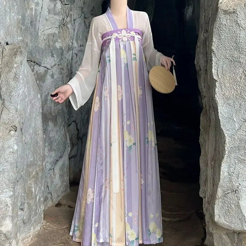 Zestaw sukni Hanfu z dynastii Tang w stylu chińskim kwiatowe nadruki Retro księżniczka kostium sceniczny tradycyjna elegancka, długa szata dla kobiet