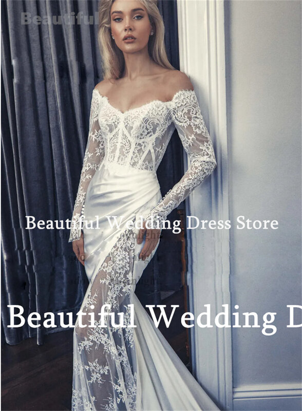 Charming Women Wedding Dress Off-Shoulder Long Sleeves Lace Satin Mermaid Floor-Length Sweep Train 2024 New Wedding Party Dress