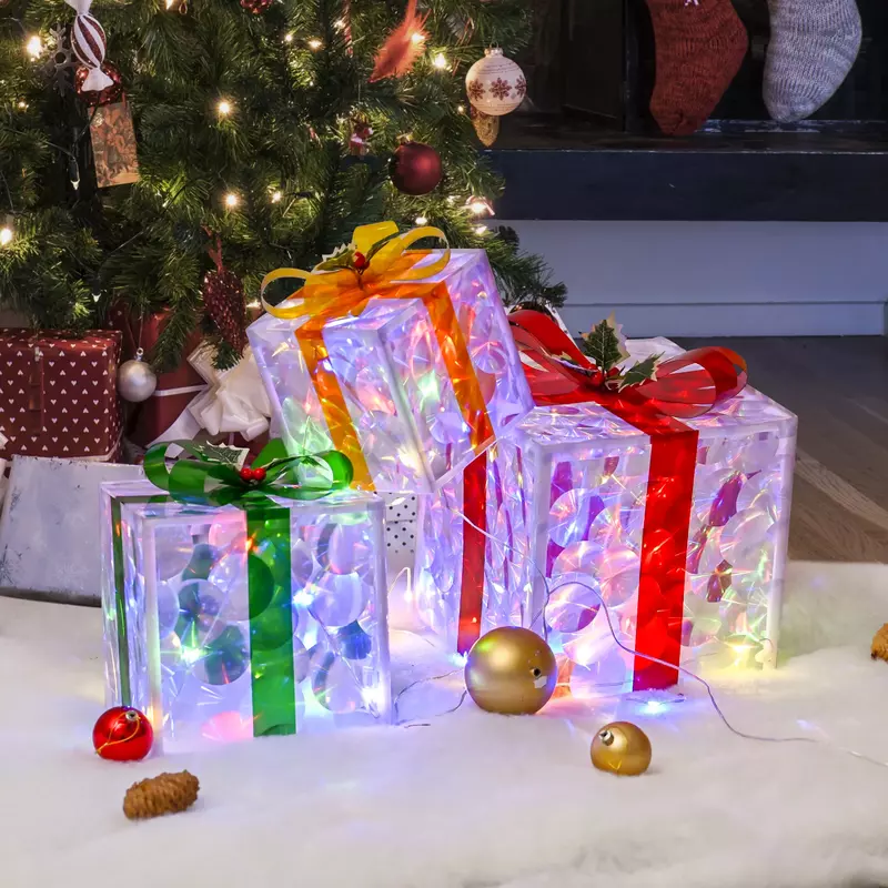 Набор из 3 Рождество 48 LED Освещенные подарочные коробки Прозрачный четыре цвета Освещенные Рождество Box Decrations