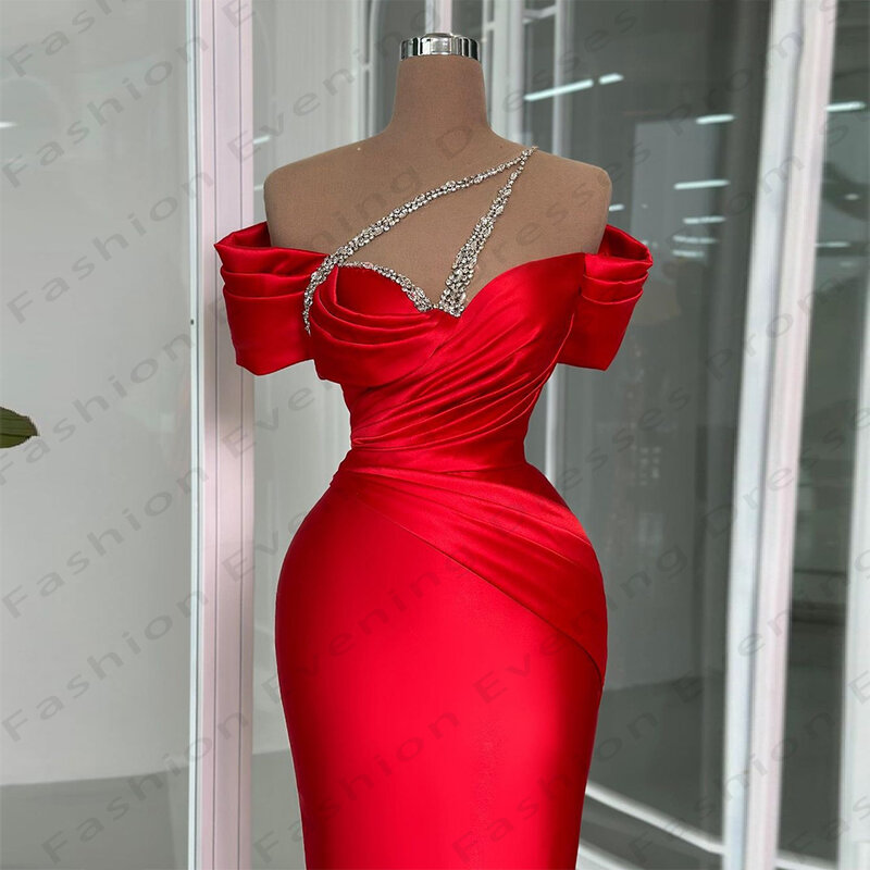 Elegant Red Evening Dresses Mermaid Satin Pleated Sexy Off The Shoulder Princess Prom Gowns Formal Party Vestidos De Novia Robe