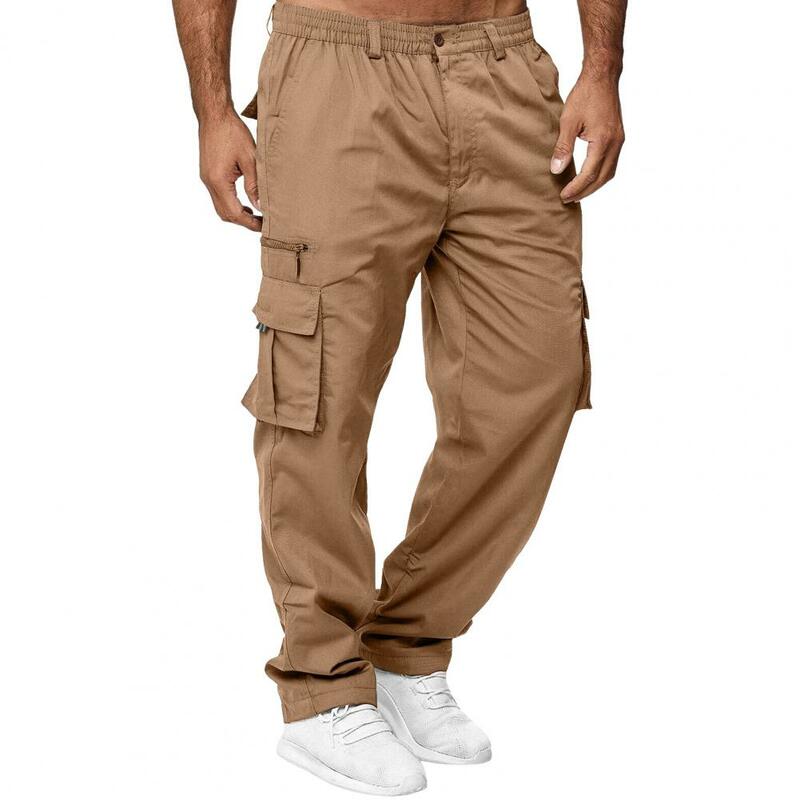 Men Pants Elastic Waist Loose Multi Pockets Loose Plus Size Breathable Straight Soft Outdoor Long Cargo Trousers