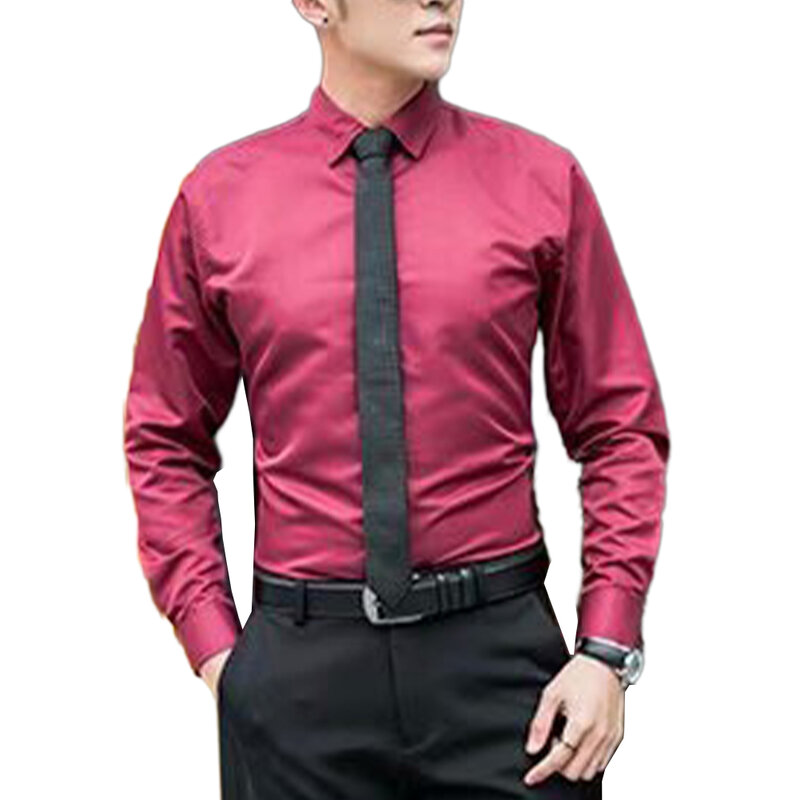 เสื้อเชิ้ตทางการเสื้อสำนักงานแขนยาวเข้ารูปแบบลำลองเสื้อผ้าคลาสสิกสำหรับผู้ชายเสื้อ Baju pesta สีพื้น