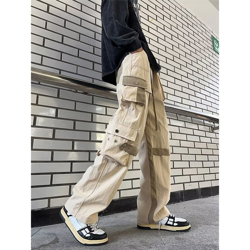 Autumn Vintage Streetwear Cargo Pants Men Colorblock Elastic Waist Wide Leg Trousers New Hip Hop Fashion Baggy Y2K Sweatpants