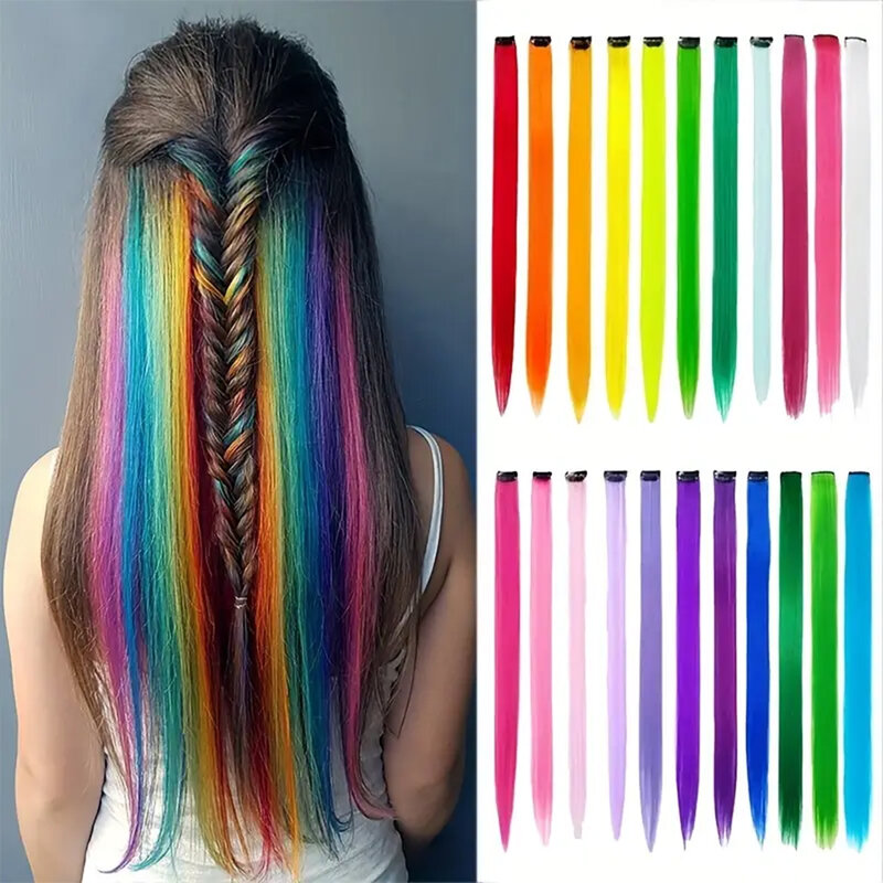 Extensões longas de cabelo com clip reto para meninas, peruca sintética de uma peça, cabelo falso colorido, acessório de peruca lolita, Y2K, 5 peças