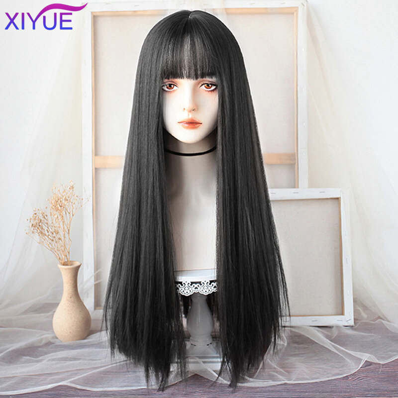 Xiyue lange gerade schwarze Perücke mit Knall synthetische Perücken für Frauen hitze beständiges Natur haar für die tägliche Halloween-Cosplay-Party