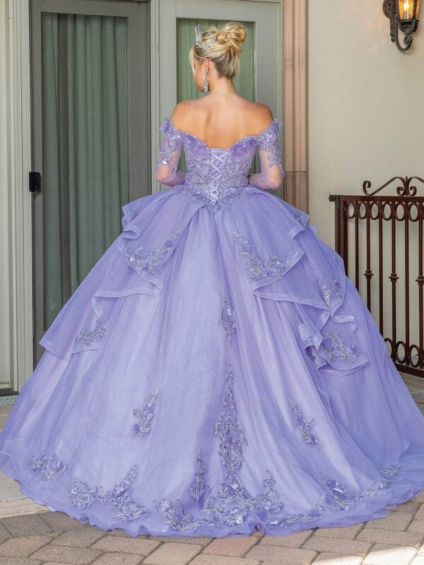 Błyszcząca suknia balowa 3D z kwiatowe aplikacje Quinceanera z odkrytymi ramionami sukienka na studniówkę słodka suknia wieczorowa o długości do podłogi 16 wykonana na zamówienie