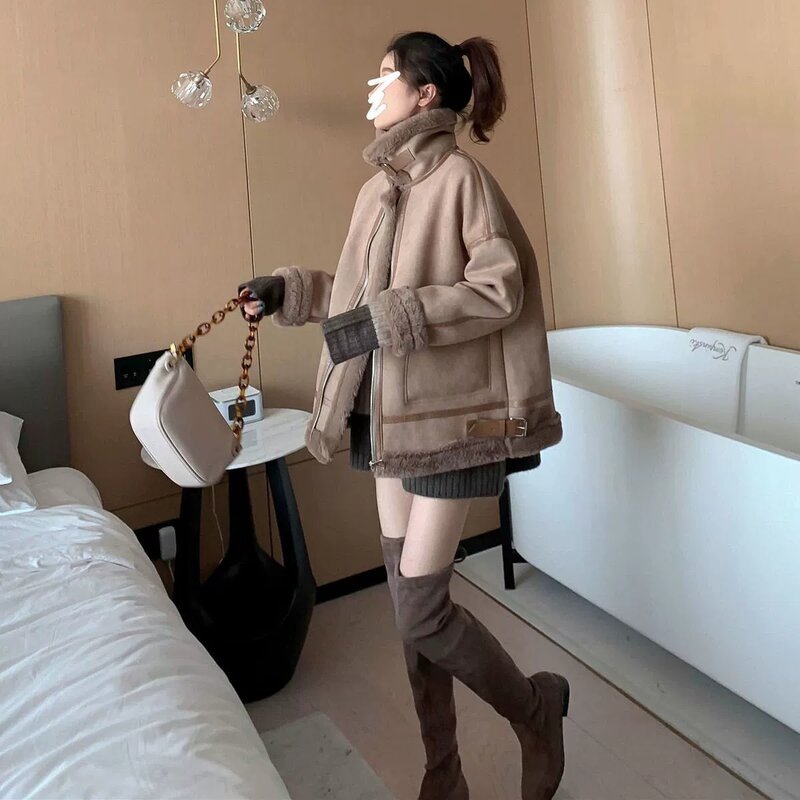 여성용 양모 모피 코트, 오토바이 겨울 재킷, 한국 따뜻한 플러시 코트, 두꺼운 가죽 재킷, 2023 신상