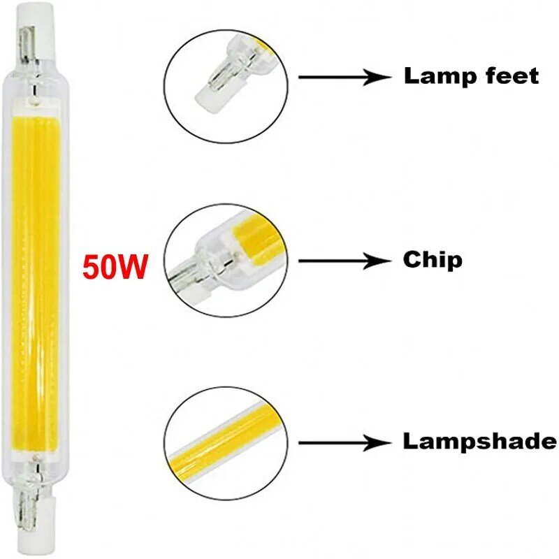 Super brilhante COB LED Spotlight, lâmpada R7S, tubo de vidro, substituir a luz de halogênio, 78mm, 118mm, 50W, 78mm, 118mm, 220V AC, 110V, novo