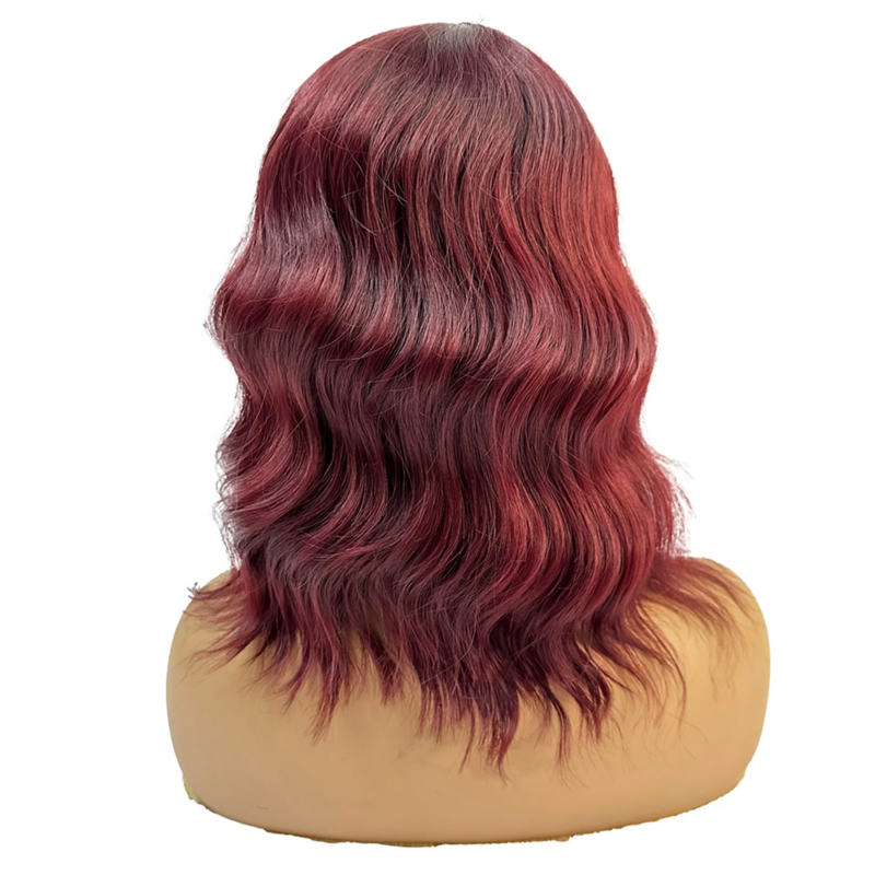 Wig sintetis panjang bergelombang merah anggur, dengan poni Wig keriting alami Wig Cosplay wanita tahan panas serat Wig