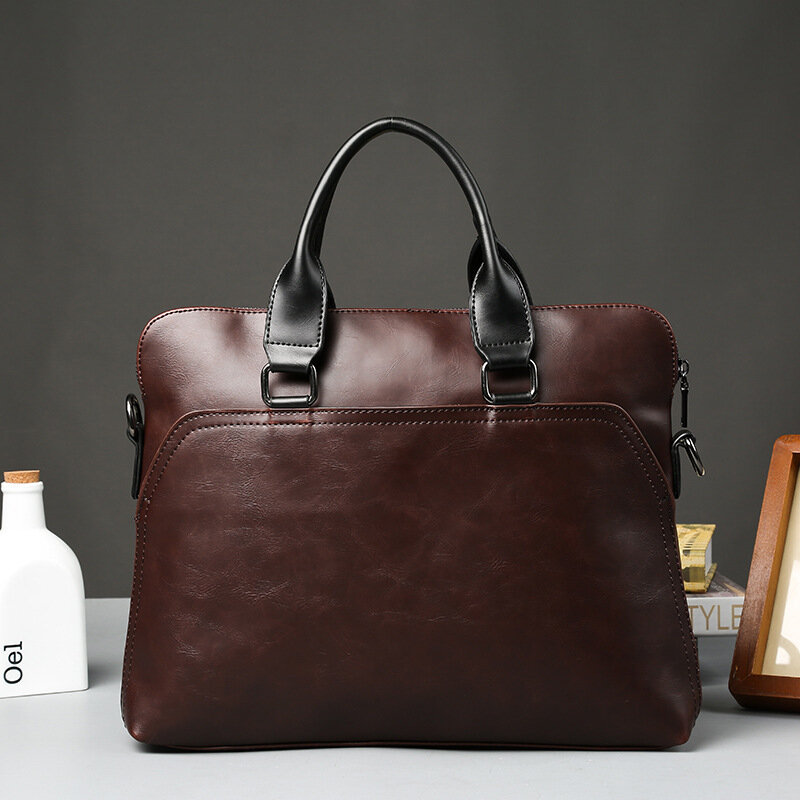 Vintage Soft Leather Men's Briefcase Business Handbag 14“ Laptop Bag Casual Shoulder Messenger Bag For Male