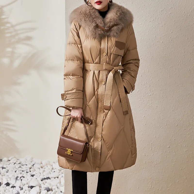 Новинка Осень-зима 2023, теплая пуховая куртка с большим меховым воротником, женское модное пальто средней длины l-ength, женское хлопковое пуховое пальто