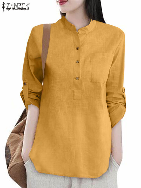 ZANZEA-Blusa de algodón de manga larga para mujer, con botones Vintage Camisa lisa, Tops de trabajo informales, Túnica suelta, Primavera