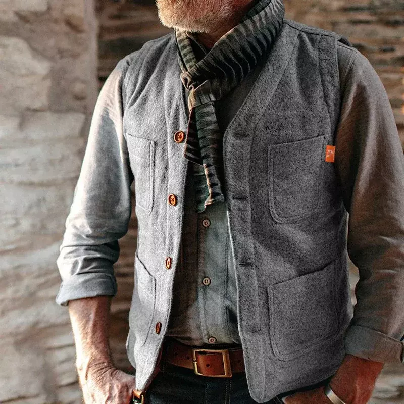 Jaqueta masculina sem mangas com decote em v único Breasted, coletes vintage, bolsos patchwork, casaco Design, moda primavera