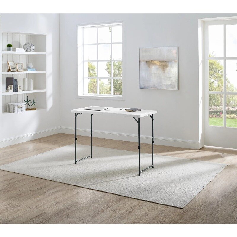 White 4-Foot Adjustable Height Folding Plastic Table,Resistant to Scratch, Stain Built in Carry Handle for easy Transportation