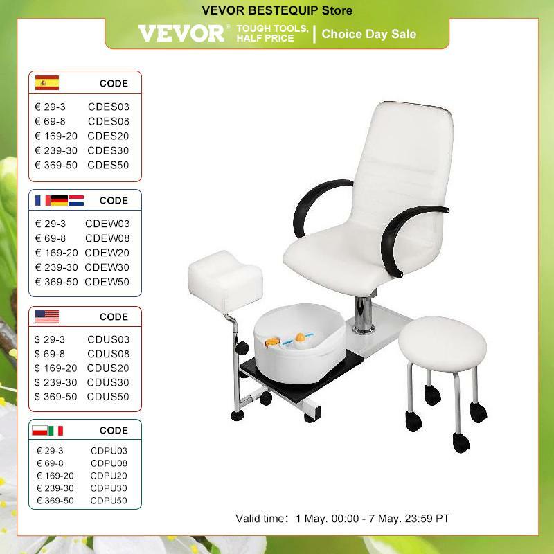 VEVOR Hydraulic Lift Adjustable Spa Pedicure Unit with Easy-Clean Bubble Massage Foot bath White/Black Chair Salon Equipment