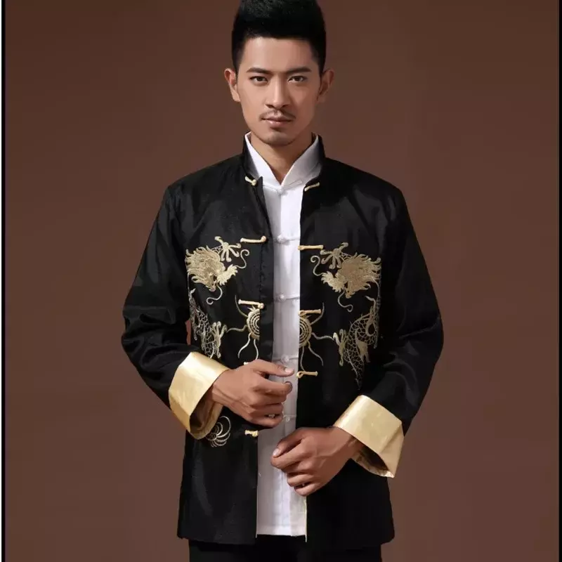 Chińskie tradycyjne ubrania z nadrukiem feniksa smok Tang garnitur odzież męska haftowana kurtka ślubna z długim rękawem festiwalowa