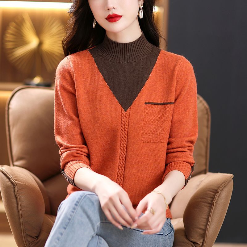 Halbhoher Kragen Knopf gespleißt Pullover Herbst Winter Vintage Mode schlanke Strick pullover elegante koreanische Frauen Pullover Pullover