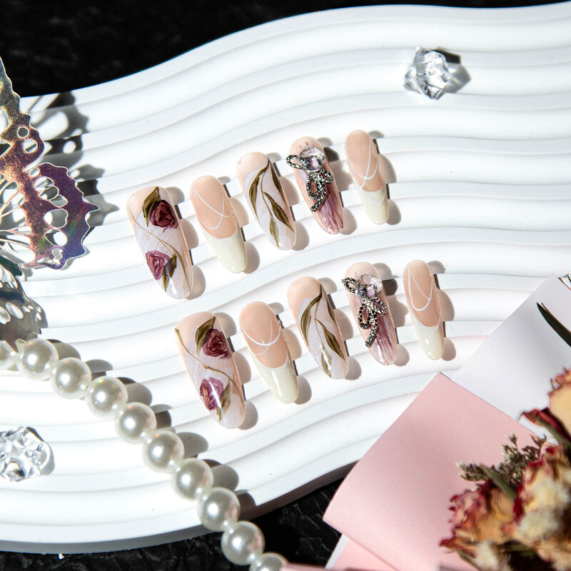 手作りの白いダイヤモンドのつけ爪,完全なカバー,フレンチデザイン,棺,マニキュア,アート,ネイルアート,10個