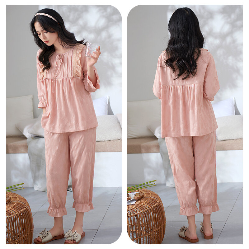 Conjunto pijama de algodão manga curta feminino, fato de treino tecido, adorável pijama princesa, moda renda